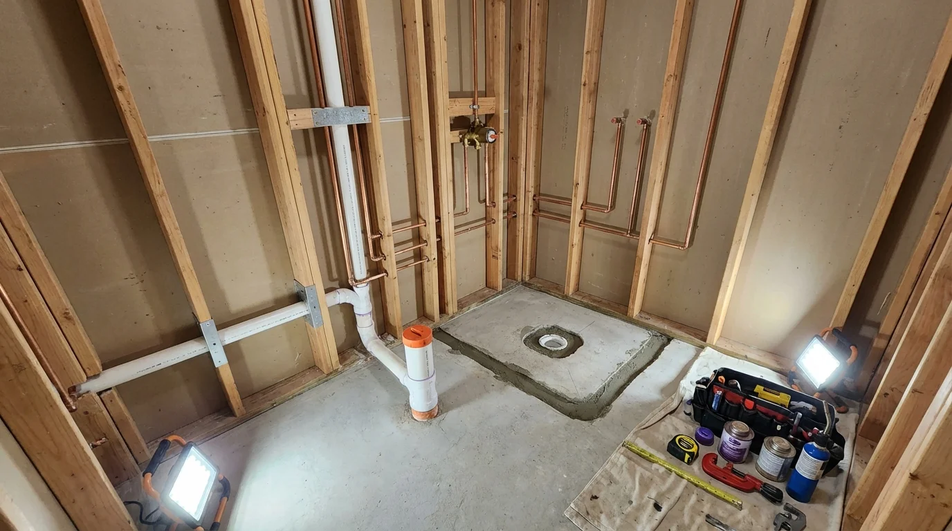 Bathroom rough-in plumbing during remodel by Johns Plumbing LLC in Broken Bow