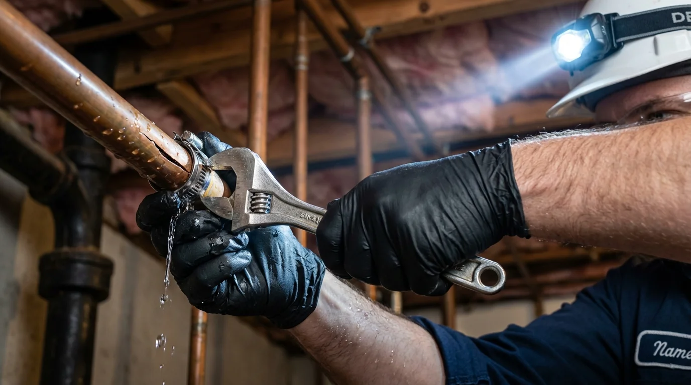 Emergency pipe clamp repair being performed by a Johns Plumbing LLC plumber in Broken Bow