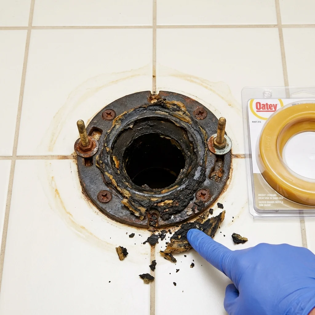 Failed wax ring showing water seepage at the base of a toilet in a Broken Bow, NE home